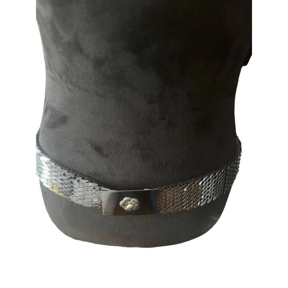 Vintage Silver Tone Fish Scale Stretchy Belt with Silver Buckle with‎ Flower 34”